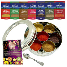 Bub?Spice?Tin?- Masala Dabba 18.5?cm - 7 Pot Stainless?Steel?Spice?Box with Lid, Spoon & Recipe Book - Includes?7?Rajah?Spices in?Resealable?Packs ?