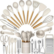 Terlulu Kitchen Utensils Set, 34PCS Silicone Cooking Utensils Set with Wooden Handle, Heat Resistant Silicone Utensil Set, Tongs Spatula Spoon Set for