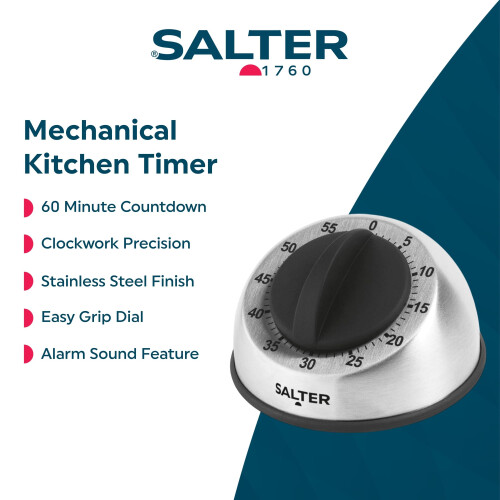 Salter Salter Mechanical Kitchen Timer ? 60 Minute Countdown Egg Timer, Twist To Use, Clockwork Mechanism, Easy Read Countdown Markers, Soft Touch Dial, 1