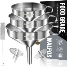 Walfos Kitchen Funnel, 3 Pack Stainless Steel Funnel (14cm+ 12cm+ 10cm) with 2 Removable Strainer ? 1Pcs Cleaning Brush, Perfect for Transferring of