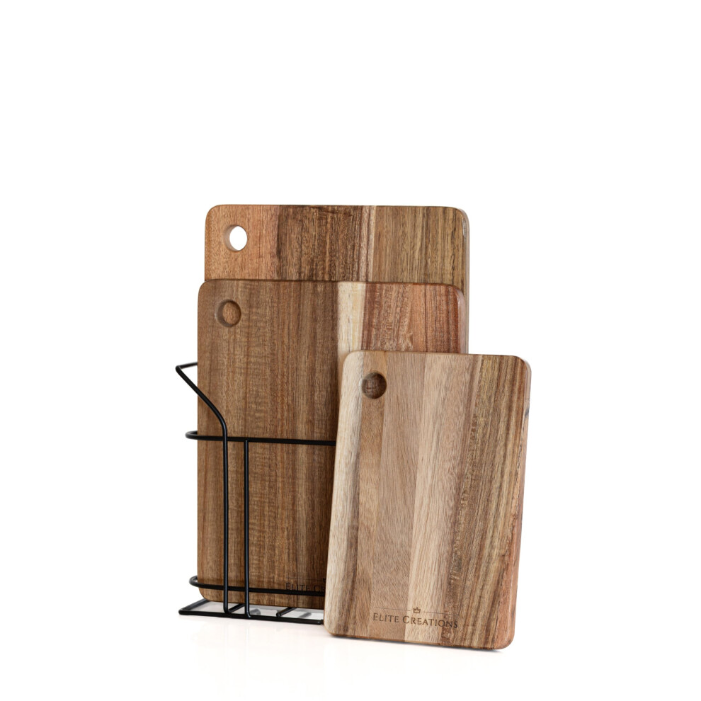Elite Creations Premium Acacia Wood Chopping Board Set - 3 Thick Wooden Chopping Boards With Metal Stand, Ideal For Meat, Vegetables, Cheese And Bread, Also A Serving Grain