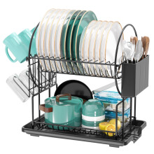 2 Tier Black Dish Drainer Rack with Drip Tray, Stainless Steel Draining Dish drainer with Draining Board and Utensils Holder, Dish Drying Rack for