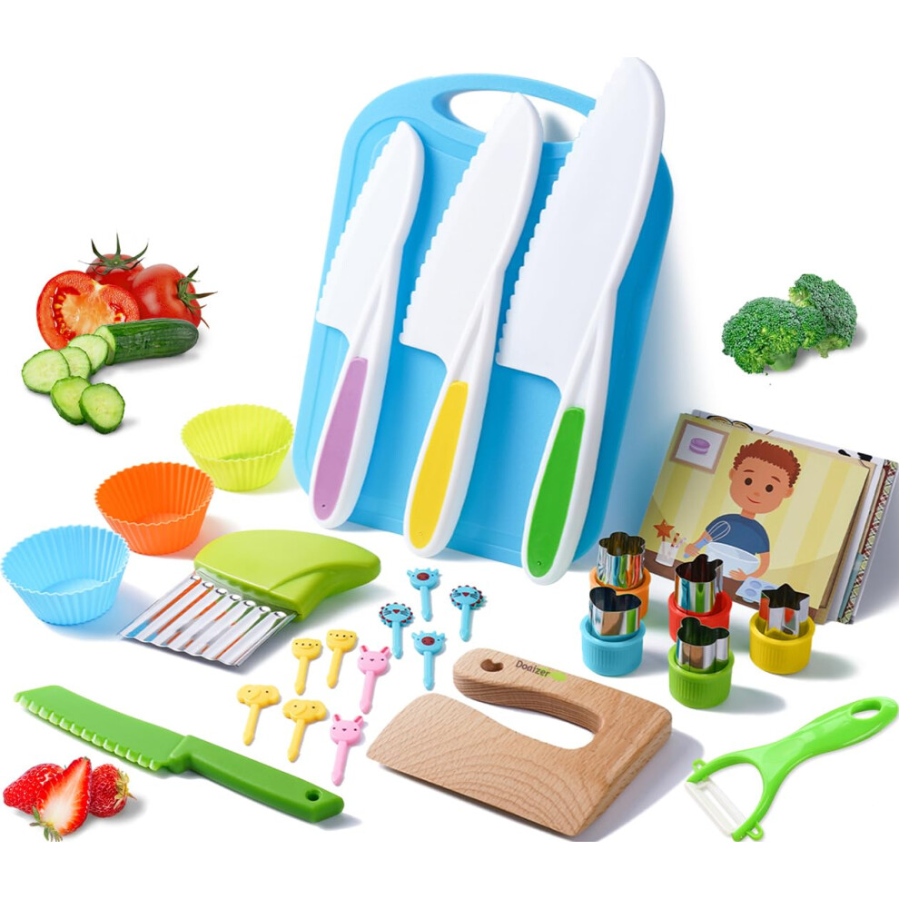 Doaizer Kids Safe Knife Set For Toddlers Real Cooking - Toddler Knives Sets Kitchen Tools With Gloves Cutting Board Fruit Vegetable Crinkle Cutters