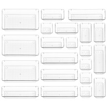 Stackzy Drawer Organiser Set ? Makeup Organiser Tray for Drawers ? Clear Cosmetics Container Tray for Bedroom ? Utensil Cutlery Set Divider ? Kitchen