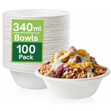 100 Pack Strong Paper Bowls ? 340ml Disposable Compostable Bagasse Bowls for Party ? Biodegradable Eco-Friendly Microwavable Soup Bowl for Dessert
