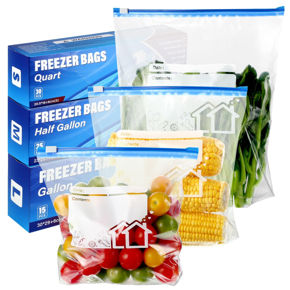 Hemiks 70 Pcs Zip Lock Bags, 3 Sizes Freezer Bags (4.55L, 2.27L, 1L), Reusable Heavy Duty Food Bag With Expandable Bottom, Ziplock Sandwich Bag For Fruits,