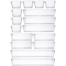 Grace Store 16 Pcs Clear Plastic Drawer Organiser Trays Desk Versatile Kitchen Drawer Organiser Bins Tray for Makeup Bedroom Office