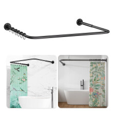 L Shaped/U Shaped Shower Curtain Rail, [60-92]X[78-198]X[60-92]cm Adjustable Shower Curtain Pole, Wall Mounted Curved Shower Rail With 12 Rings &