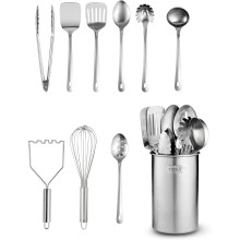 Stainless-Steel Kitchen Utensil Set - 10-Piece Premium Nonstick & Heat Resistant Gadgets, Turner, Spaghetti Server, Ladle, Serving Spoons, Whisk,