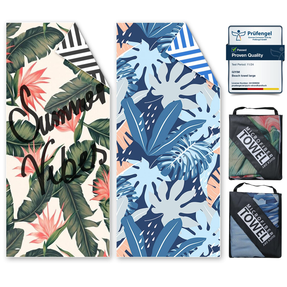Beach Towels For Adults Extra Large - 2 Pack 200x90cm Lightweight microfibre beach towel with Mesh Bags, Double Sided Sand Free Absorbent Quick Dry-image-OPC-PJSTK28-NEW