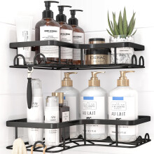 Kitsure Corner Shower Caddy - 2 Pack Rustproof Shower Organizer with Large Capacity, Drill-Free Adhesive Bathroom Shelves with Hooks, Black