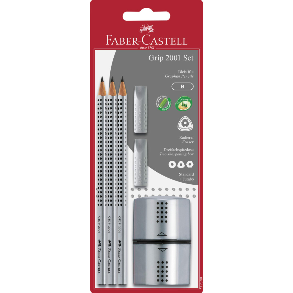 Faber-Castell Faber Castell Grip 2001 Hb Pencils X3, Eraser Caps X2, & Trio 3-Hole Sharpener