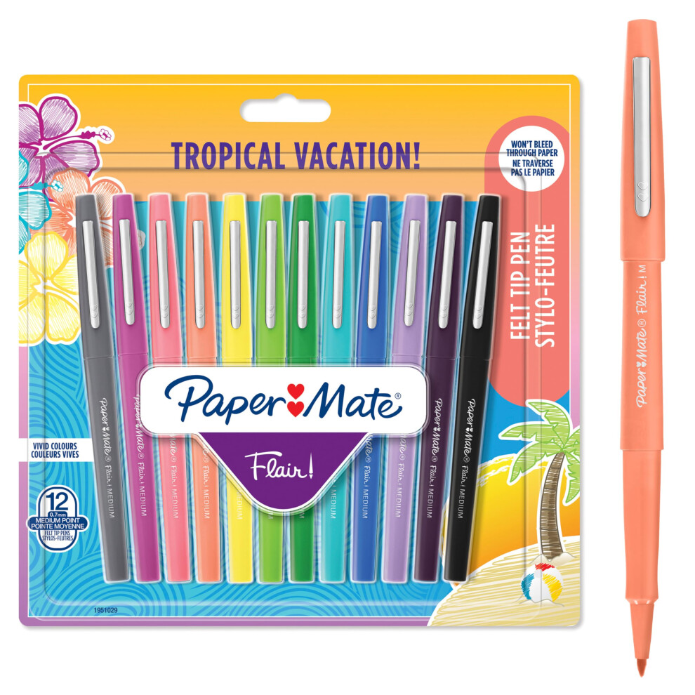 Paper Mate Flair Felt Tip Pens | Medium Point (0.7 mm) Marker Pens | Assorted Tropical Vacation Colouring Pens | For Kids & Adult Colouring,-image-OPC-PJSTM6P-NEW