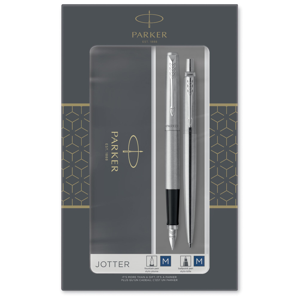Parker Jotter Duo Gift Set With Ballpoint Pen & Fountain Pen | Stainless Steel With Chrome Trim | Ink Refill & Cartridges | Gift Box Blue