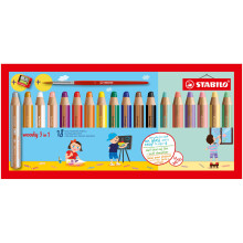STABILO woody 3-in-1 - Multi-Talented Pencil - Pack of 18 - with 10 Assorted Standard, 6 Pastel Colours, Sharpener and Paint Brush