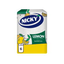 Nicky Lemon Kitchen Towel - Pack of 6 Rolls, 150 2-Ply Sheets per Roll, Absorbent, Easy Opening, Lemon Scented Core,Embossing, Decorated Sheets, 100