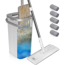 MASTERTOP Mop and Buckets Sets, Hands-Free Microfibre Mops with 5 Reusable Pads, 360? Rotating Flat Mop Bucket with Wet Dry Cleaning System for