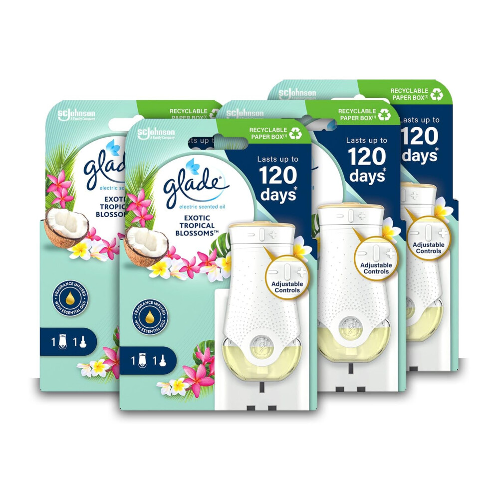 Glade Plug in Air Freshener Holder and Refill, Electric Scented Oil Room Air Freshener, Tropical Blossoms, Pack of 4 Starter Kits, (4 x Holder and 4 x-image-OPC-PJSTP8K-NEW