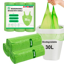 KITBEST 60 Bin Liners 30L, Biodegradable Food Waste Bags with Drawstring Tie Handle, Strong Green Trash Caddy Bag, Compostable Swing Garbage Bags for