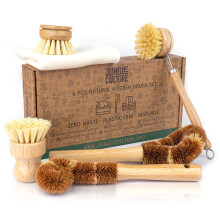 Jungle Culture 6 Piece Wooden Washing Up Brush Set ? Bamboo Dish Cleaning Brushes for Kitchen ? Plant Based Eco Pot Scrubbers ? Bottle Brush & Eco