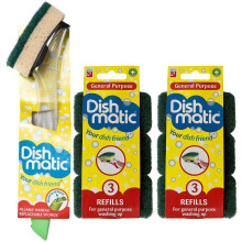 Fillable Washing up Brush and Sponge - Easy Grip Dish Cleaner - with 6X General Purpose Sponge Refills