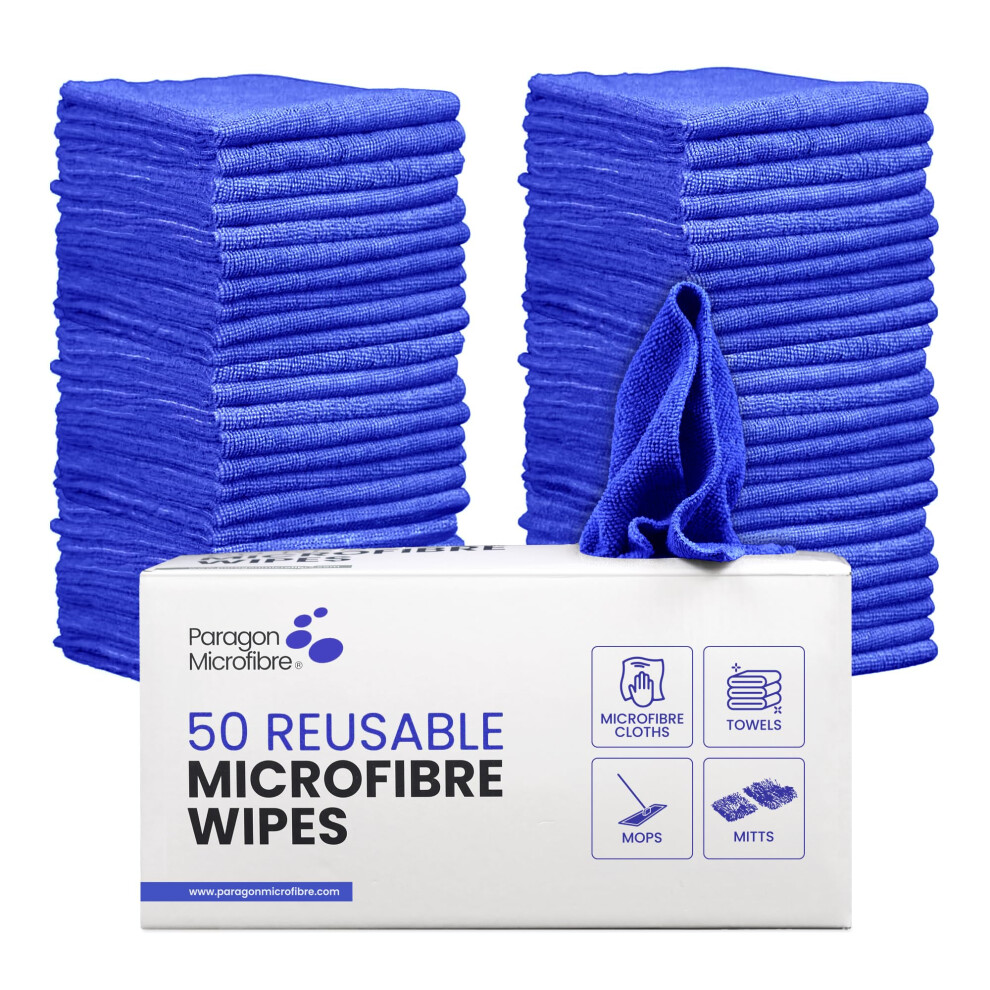 PARAGON Mirofibre 50 Reusable Wipes, Pack of 50, Cloth Size:30 x 30cm, Lint Free, Car Cleaning, Window & Glass, Dusting, Multipurpose, Blue-image-OPC-PJSTQYQ-NEW