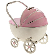 Christening Gift Silver Plated Pink Enamelled Pram Money Box
