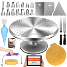 RFAQK 50PCs Cake Turntable Set - 12" Aluminium Alloy Cake Decorating Turntable- Professional Cake Decorating Kit with Straight & Offset Icing