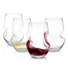 Joeyan Stemless Wine Glasses Set of 4-400ml Red White Wine Cups - Curve Design Crystal Wine Tumblers with Finger Grip for Wine Tasting, Wedding,