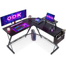 ODK L Shaped Gaming Desk with Monitor Stand, 127x127x75 cm Computer Desk with Storage Bag, Corner Desk for Gaming, Home, Office, Black