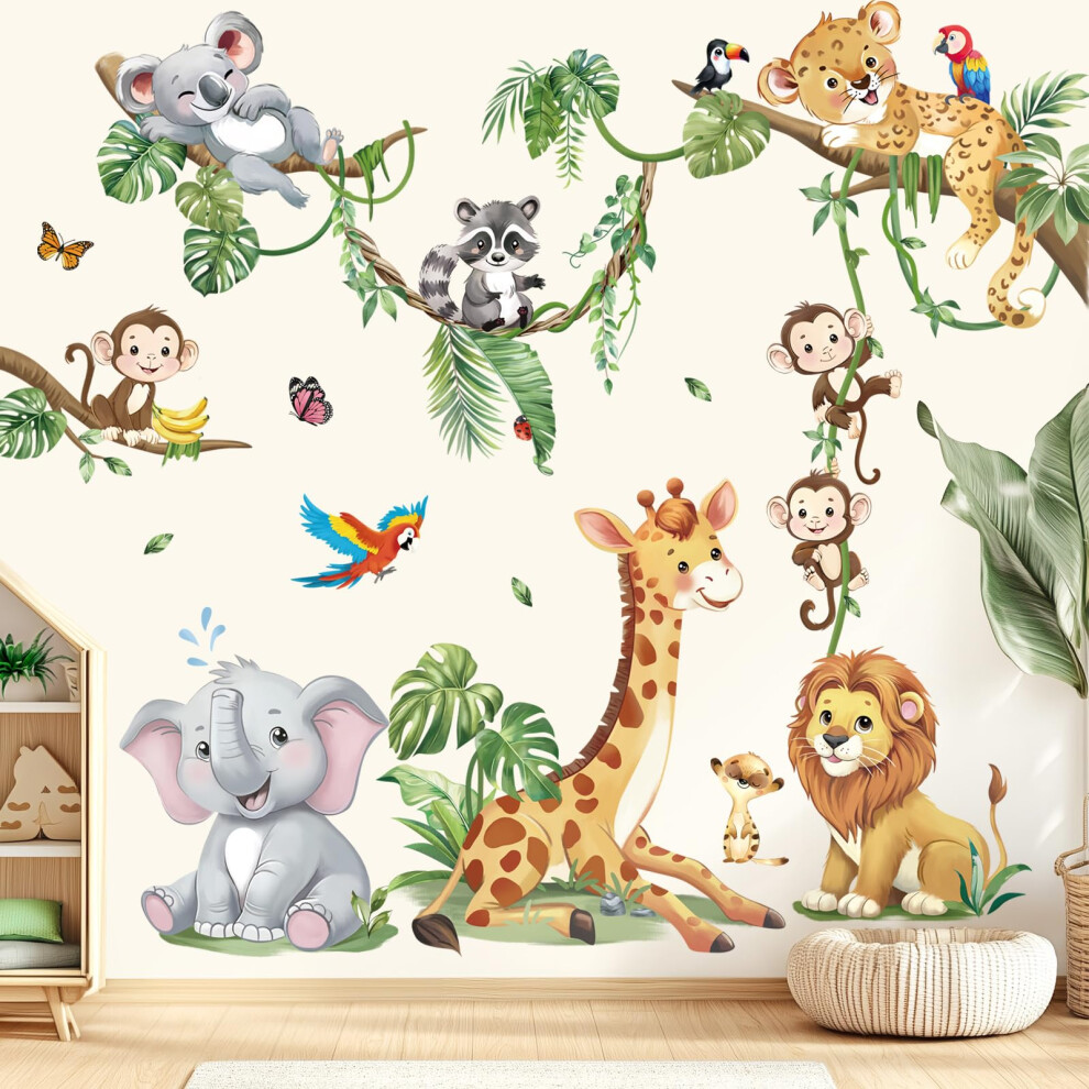 Decalmile Safari Animals Tree Branch Wall Stickers Jungle Animals Giraffe Elephant Leopard Tropical Leaves Wall Decals Baby Nursery Kids Room Wall