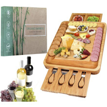 Premium Bamboo Cheese Board Set with Stainless Steel Utensils - Charcuterie Platter Board with Slide Out Drawer and Cutlery - Serving Meat Tray with