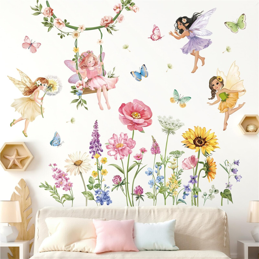 Flower Fairy Wall Stickers Butterfly Girl With Wildflower Sunflower Wall Decals Girls Bedroom Baby Nursery Kids Room Wall Decor Decalmile