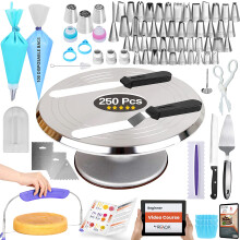 RFAQK 250 PCs Professional Cake Decorating Kit Supplies - Aluminum Alloy Cake Turntable 12" with 48 Numbered Icing Nozzles and Piping Bags,Ebook,Cake