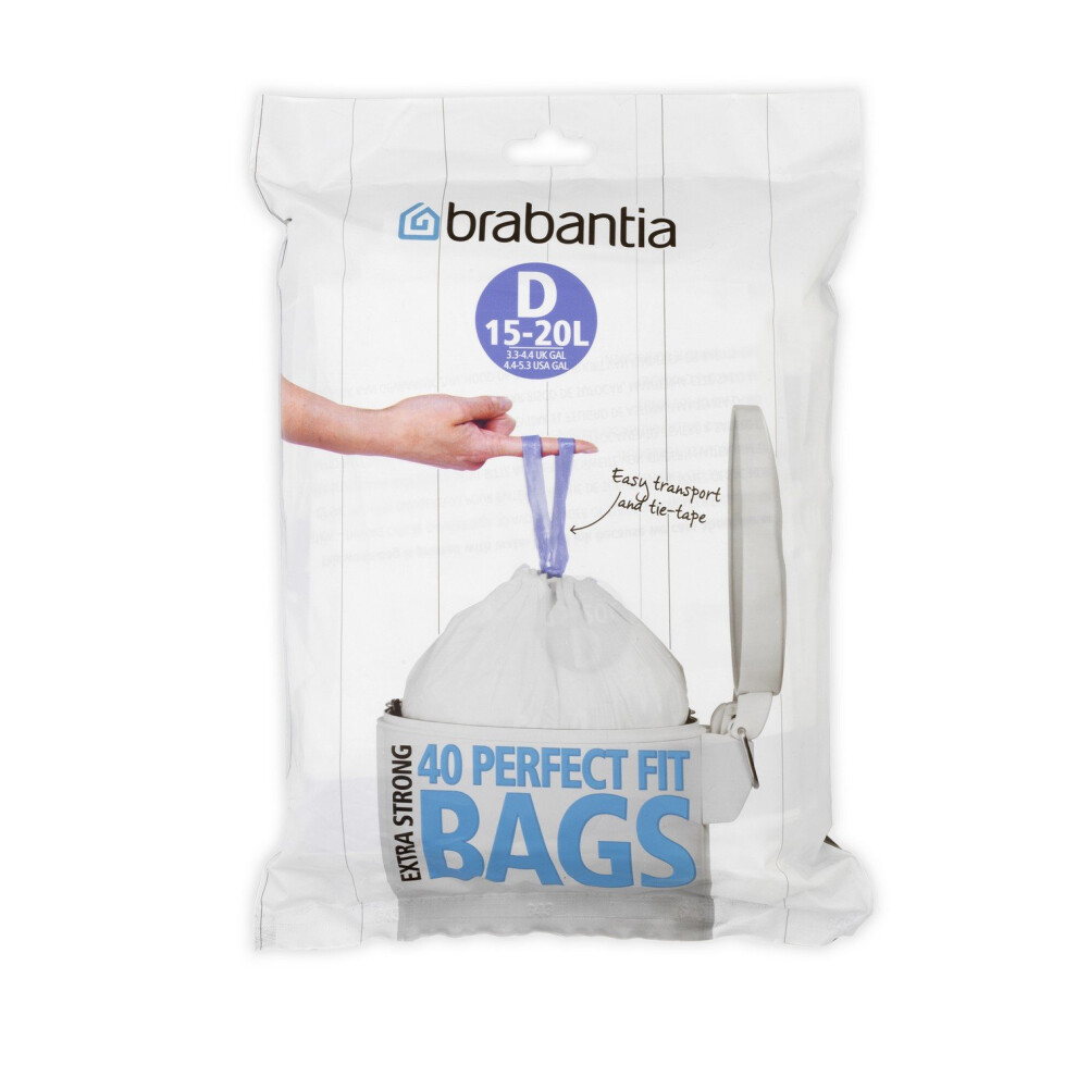 Brabantia Idealfit Bin Liners (Size D/15-20 Litre) Ideal Quality Thick Plastic Trash Bags With Tie Tape Drawstring Handles (40 Bags)