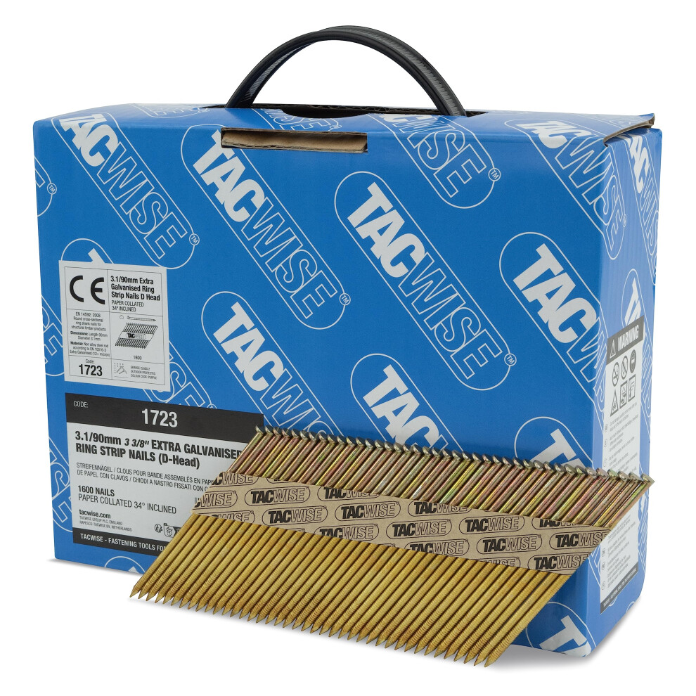 Tacwise 1723 3.1/90 Mm Extra Galvanised Framing Nails, D Head, Ring Shank, 34? Inclined, Paper Collated, Pack Of 1600, Silver 5051221050737
