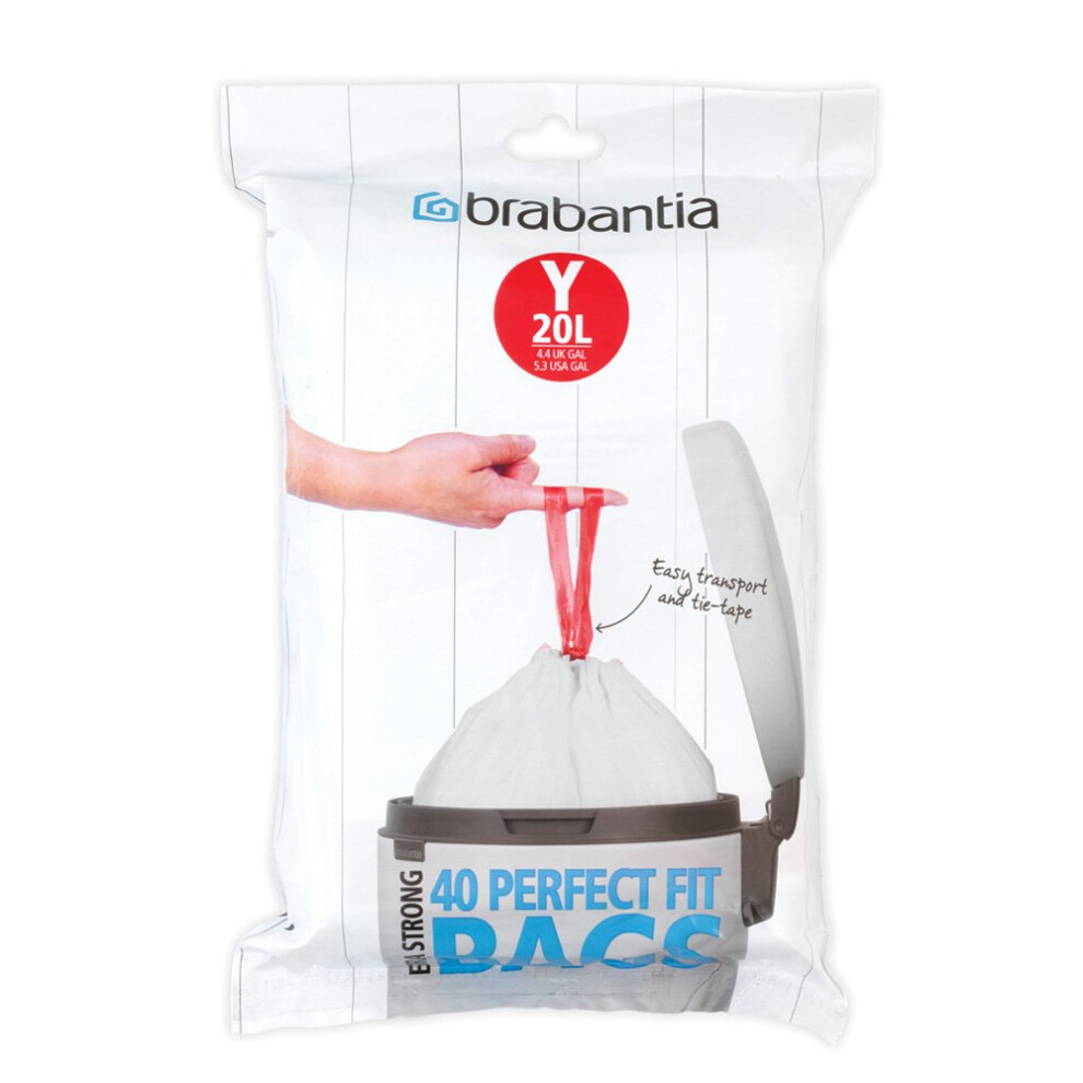 Brabantia Idealfit Bin Liners (Size Y/20 Litre) Ideal Quality Thick Plastic Trash Bags With Tie Tape Drawstring Handles (40 Bags)