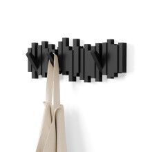 Umbra Sticks Wall-Mounted Coat Rack Rail Hook with 5 Retractable Pegs ? Modern, Space-Saving Storage Organizer, Black, 7.25 in19.5 in1.25 in