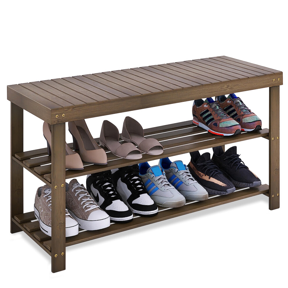 SMIBUY Bamboo Shoe Rack Bench, 3-Tier Shoe Organizer Storage Shelf for Entryway Hallway Bathroom Living Room (Walnut)-image-OPC-PJSTVBW-NEW