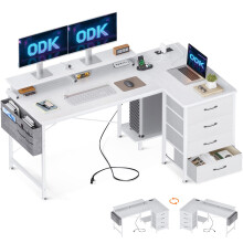 ODK Corner Desk with Drawers, L Shaped Computer Desk 140x80cm with USB Charging Port & Power Outlet, Home Office Desk with Monitor Stand and PC Stand,