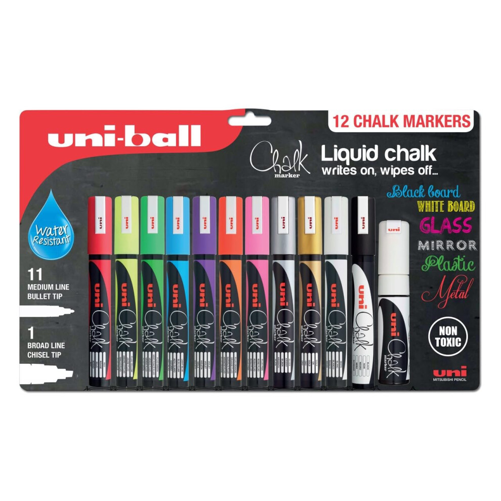 Uni-Ball Liquid Chalk Pens. Multi-Purpose Wipeable And Erasable Coloured Markers For Blackboards Chalkboards Whiteboards Glass Mirrors Plastic Windows