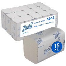 Scott Control Folded Paper Towels 6663 V-Fold 1-Ply Towels, Superior Absorbency, Airflex Technology, FSC Certified, European Ecolabel, 15 Packs x 212