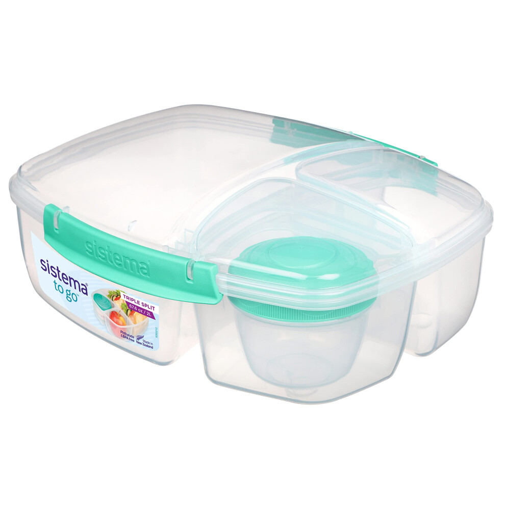 Sistema To Go Triple Split Lunch Box With Yoghurt Pot | 2L Air-Tight And Stackable Food Storage Container | Bpa-Free | Minty Teal
