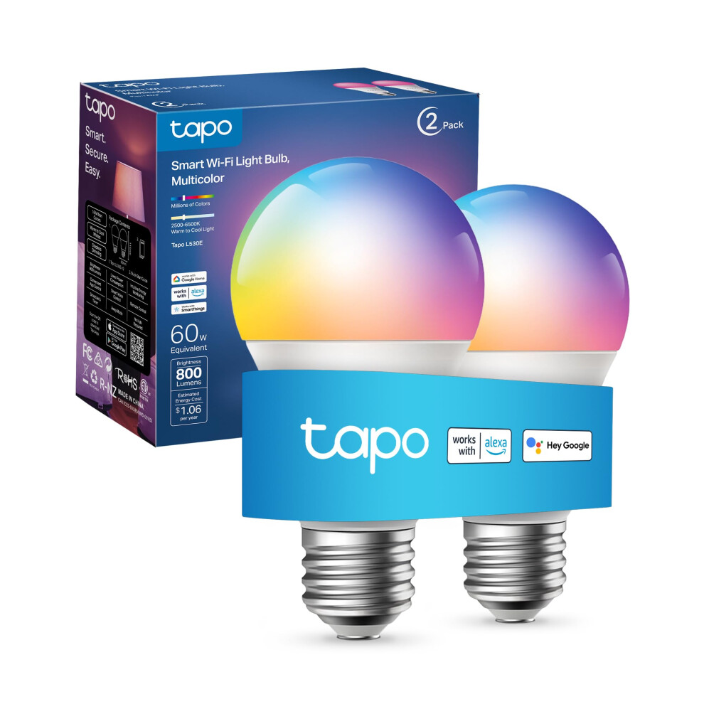 Tapo L530e 2-Pack E27 Smart Bulb, Alexa Bulb, Extra Bright Wifi Smart Bulb, Multicolour, Dimmable, 8.3W Schedule & Timer, Away Mode, Energy Saving,