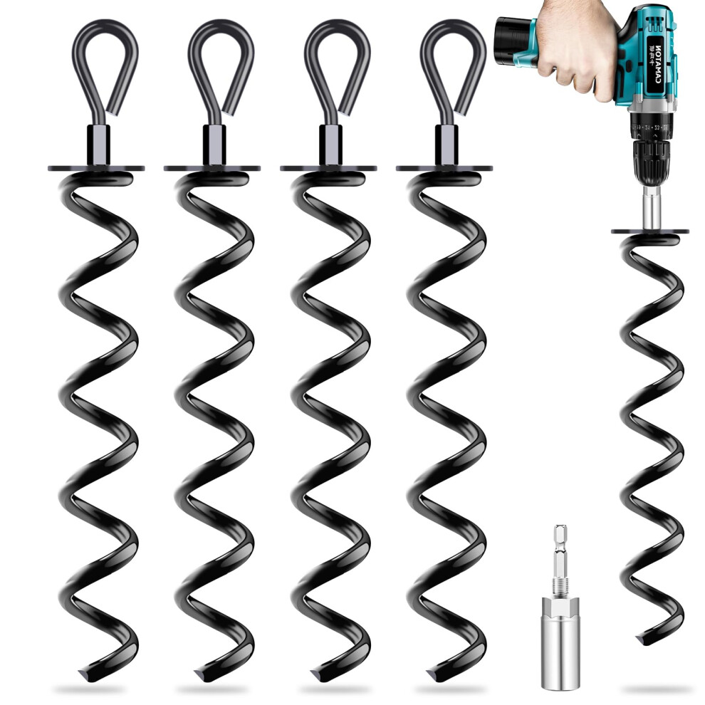 Pack Of 4 Ground Anchors With Adapter, Ground Anchor For Trampoline, Spiral Shed Anchor Kit For Securing Tents, Canopies, Tarpaulins, Trampolines, 5051221066882