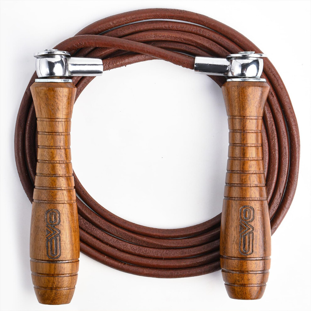 Evo Fitness Leather Adult Indoor Gym Skipping Jump Speed Rope Wooden Handle Home Exercise Fat Burn Training Workout Boxing Mma ( Adjustable) Brown