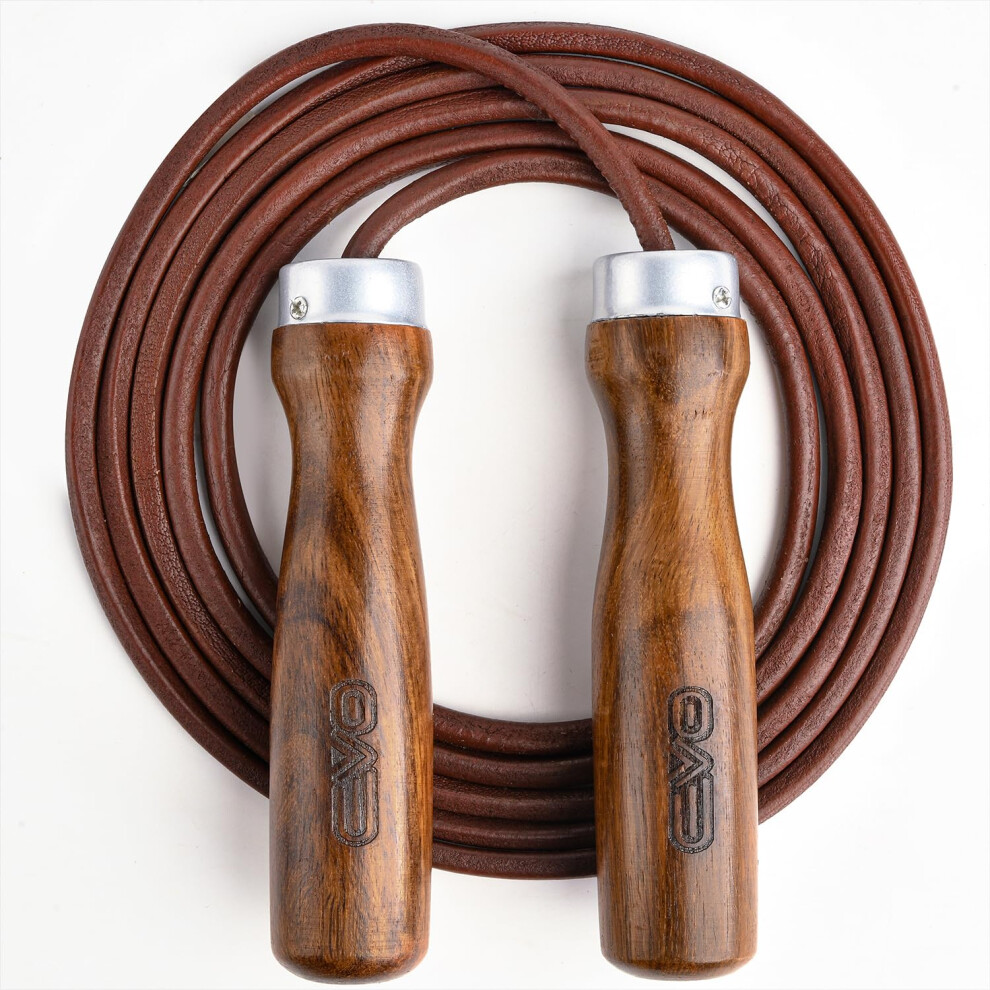 Evo Fitness Leather Adult Indoor Gym Skipping Jump Speed Rope Wooden Handle Home Exercise Fat Burn Training Workout Boxing Mma (Brown) Brown