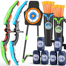 HYES 2 Pack Bow and Arrow with Standing Target for Kids, LED Light Up Archery Set with 24 Suction Cup Arrows, 6 Score Targets & 2 Quiver, Indoor