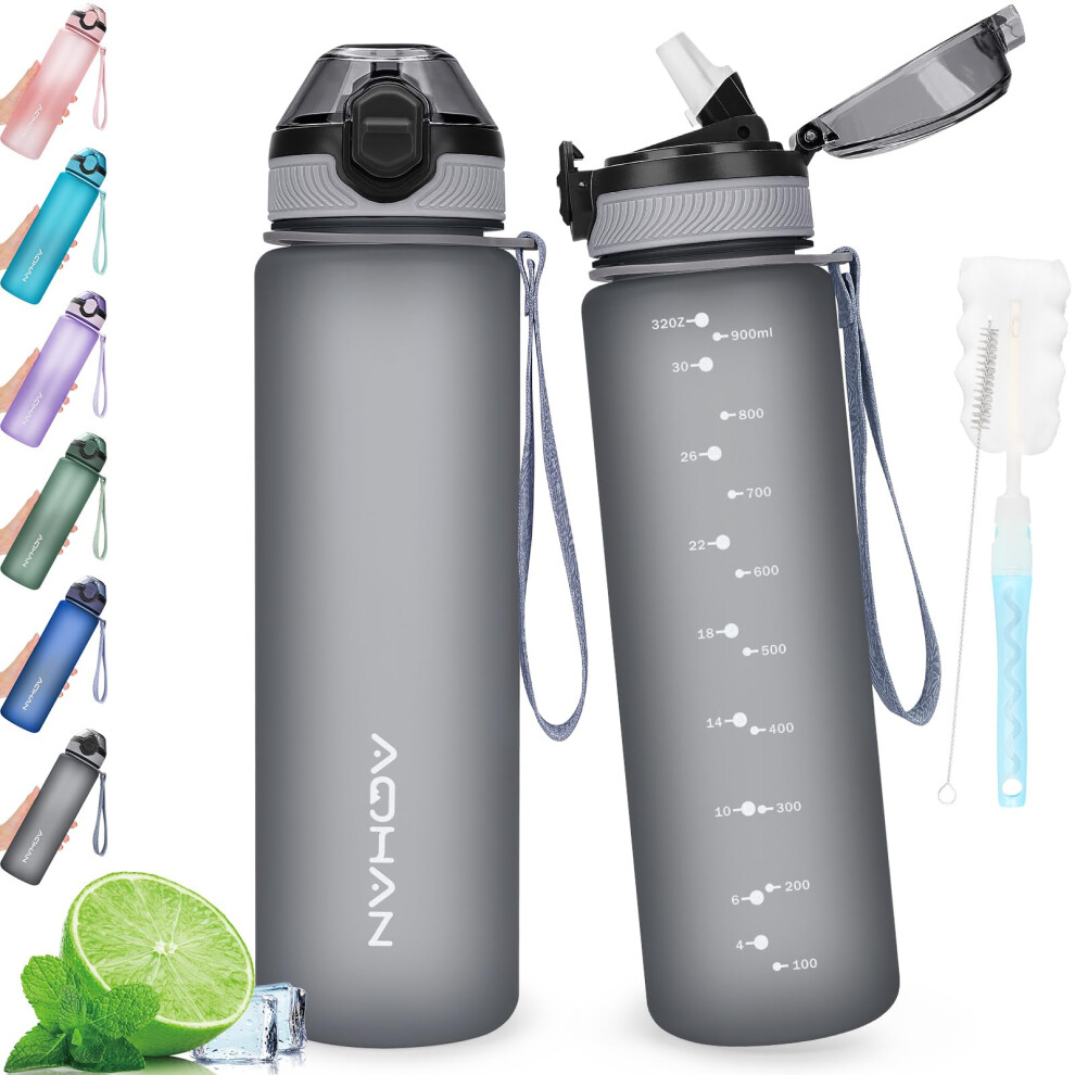 Aohan Water Bottle 1L With Leak Proof Flip Top Lid, Bpa Free Sport Drinking Bottle With Straw, Dishwasher Safe Water Bottle Non-Toxic Water Jug With