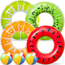 LATERN 7Pcs Fruit Inflatable Pool Floats, 4Pcs 75CM Watermelon Kiwi Orange Lemon Swimming Rings with 3Pcs 35CM Beach Balls - Inflatable Tubes Floaties